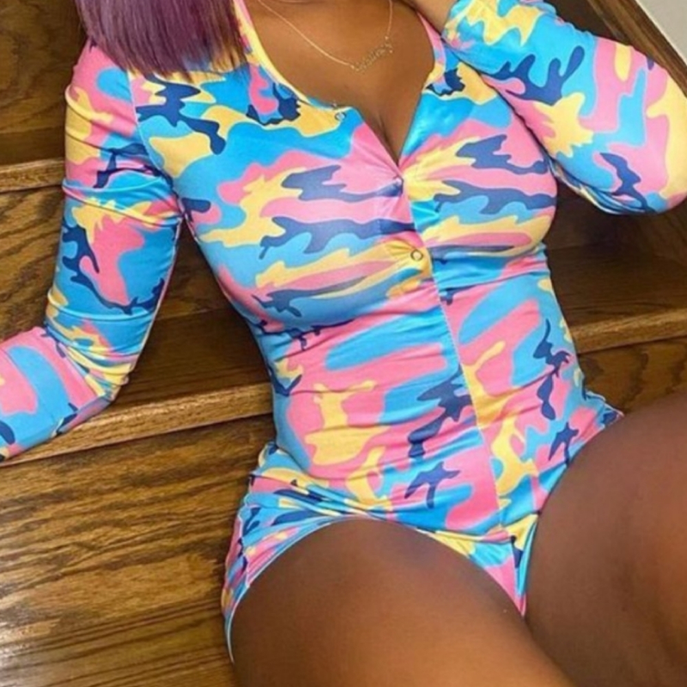 Bright Neon Multi Colored Camoflauge Romper NWOT size L